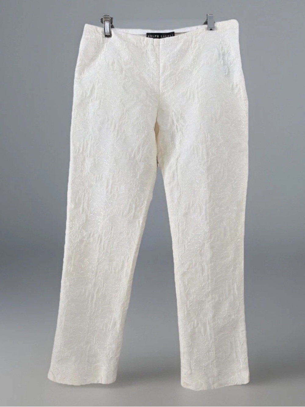 Ralph Lauren Black Label Ivory Jacquard Pants Slim Fit Ankle Length Side Zip Sz6